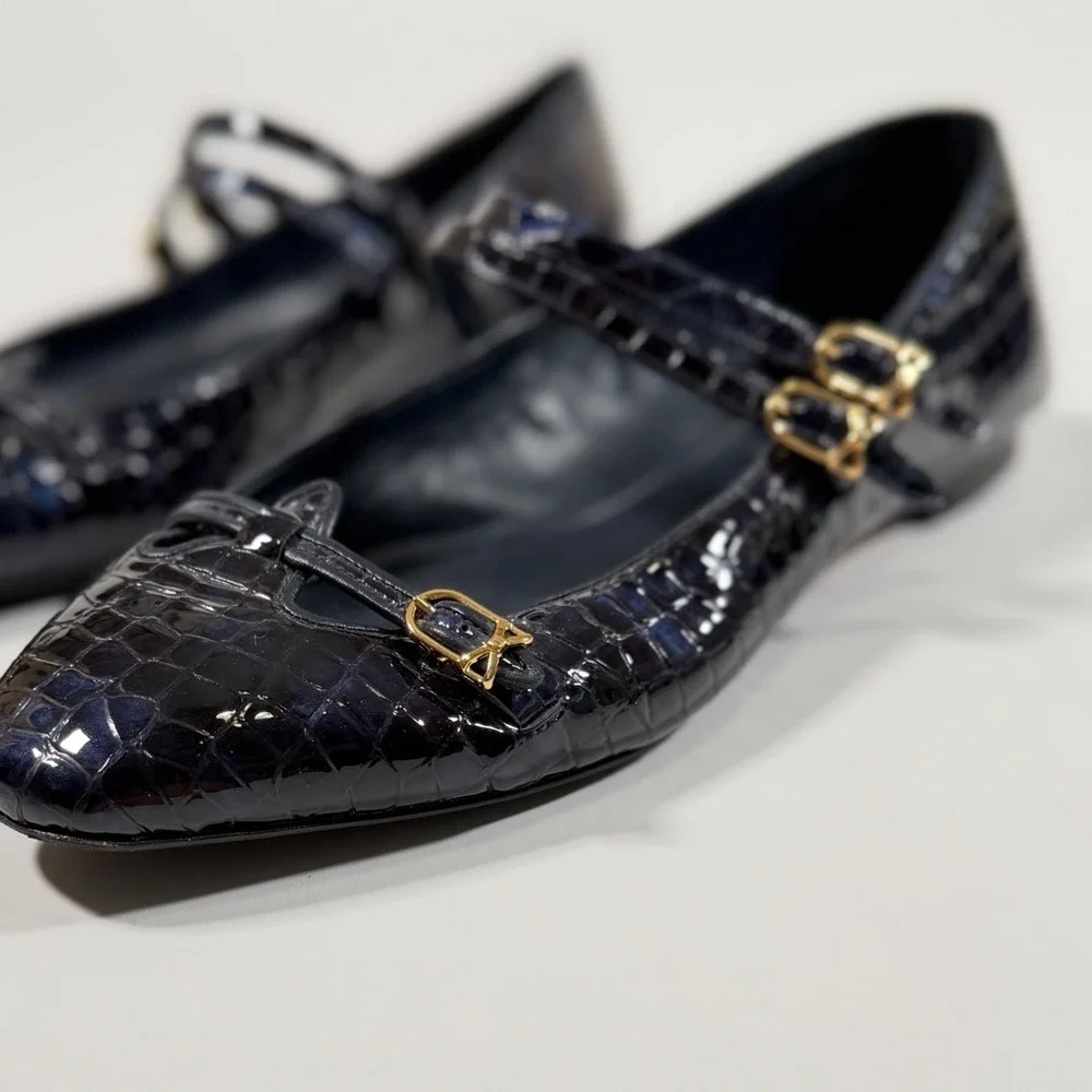 Sarah Flint Navy Croc Embossed Leather Mary Jane Flat 39.5 US 9 Old Money Luxury